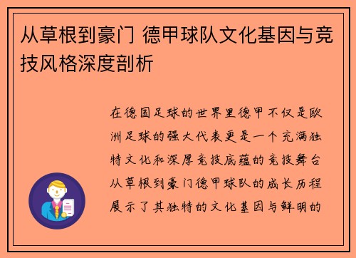 从草根到豪门 德甲球队文化基因与竞技风格深度剖析