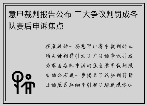 意甲裁判报告公布 三大争议判罚成各队赛后申诉焦点