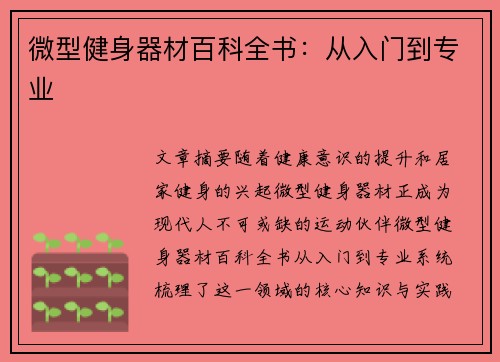 微型健身器材百科全书：从入门到专业