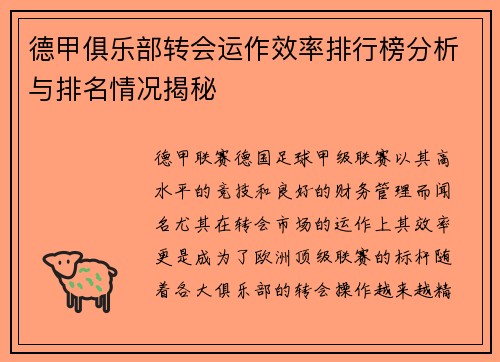 德甲俱乐部转会运作效率排行榜分析与排名情况揭秘